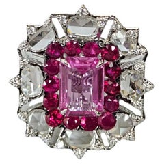 Set in 18K white Gold, Pink Sapphire, Ruby & Rose Cut Diamonds Engagement Ring