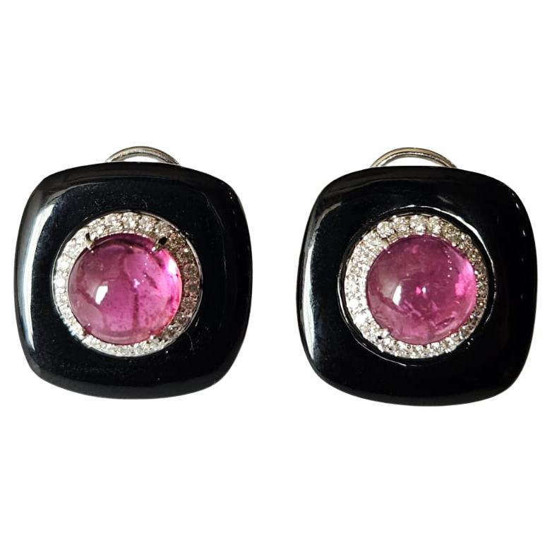 Set in 18K white Gold, Rubellite Cabochons, Black Onyx & Diamonds Stud Earrings