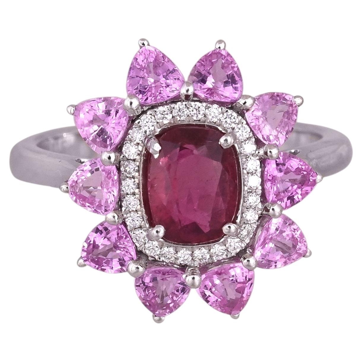 Anillo de compromiso con montura de oro blanco de 18 quilates, rubelita, zafiros rosas y diamantes