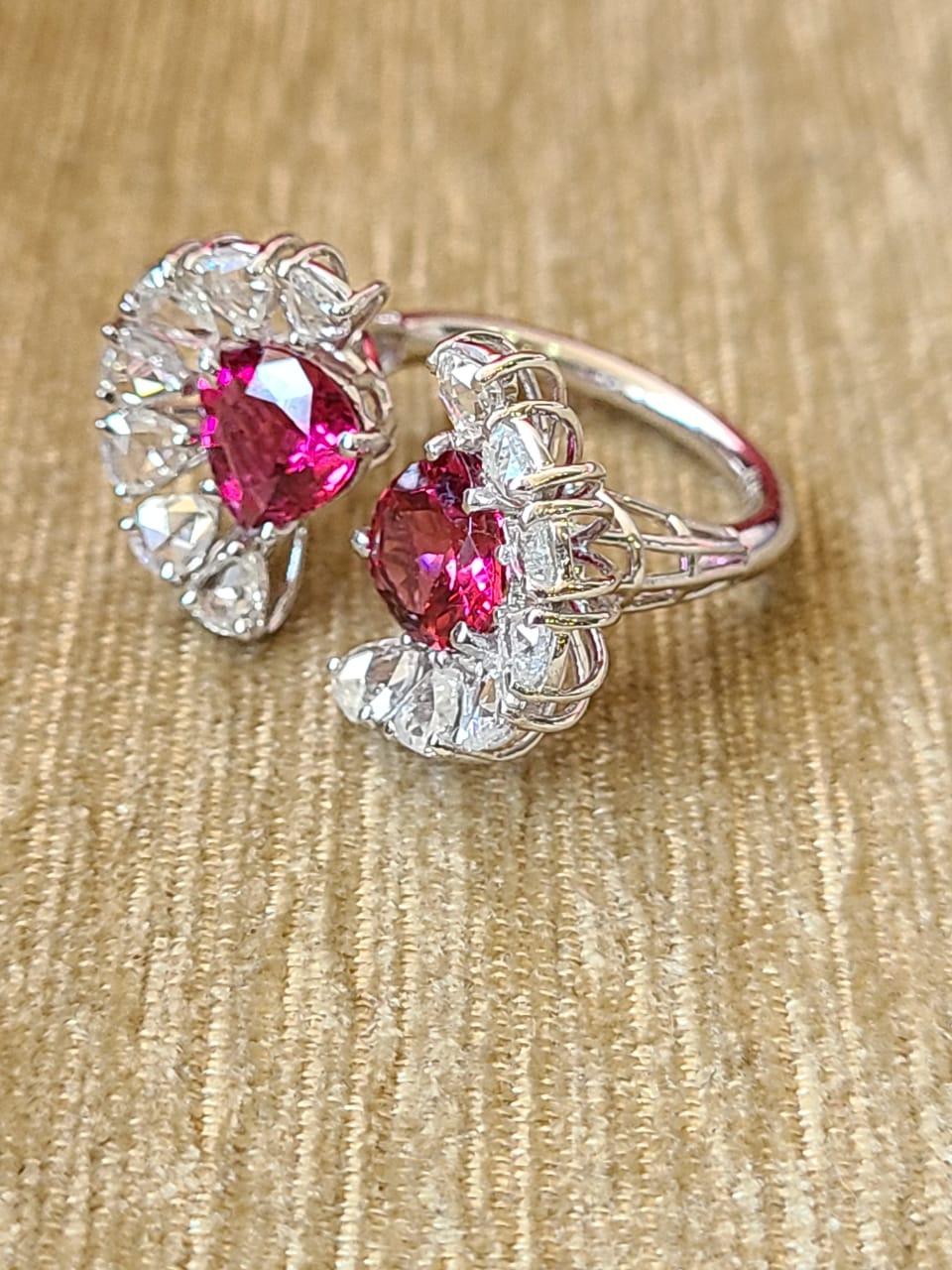 Women's or Men's Set in 18K White Gold, Rubellite & Rose Cut Diamonds Cocktail/ Engagement Ring