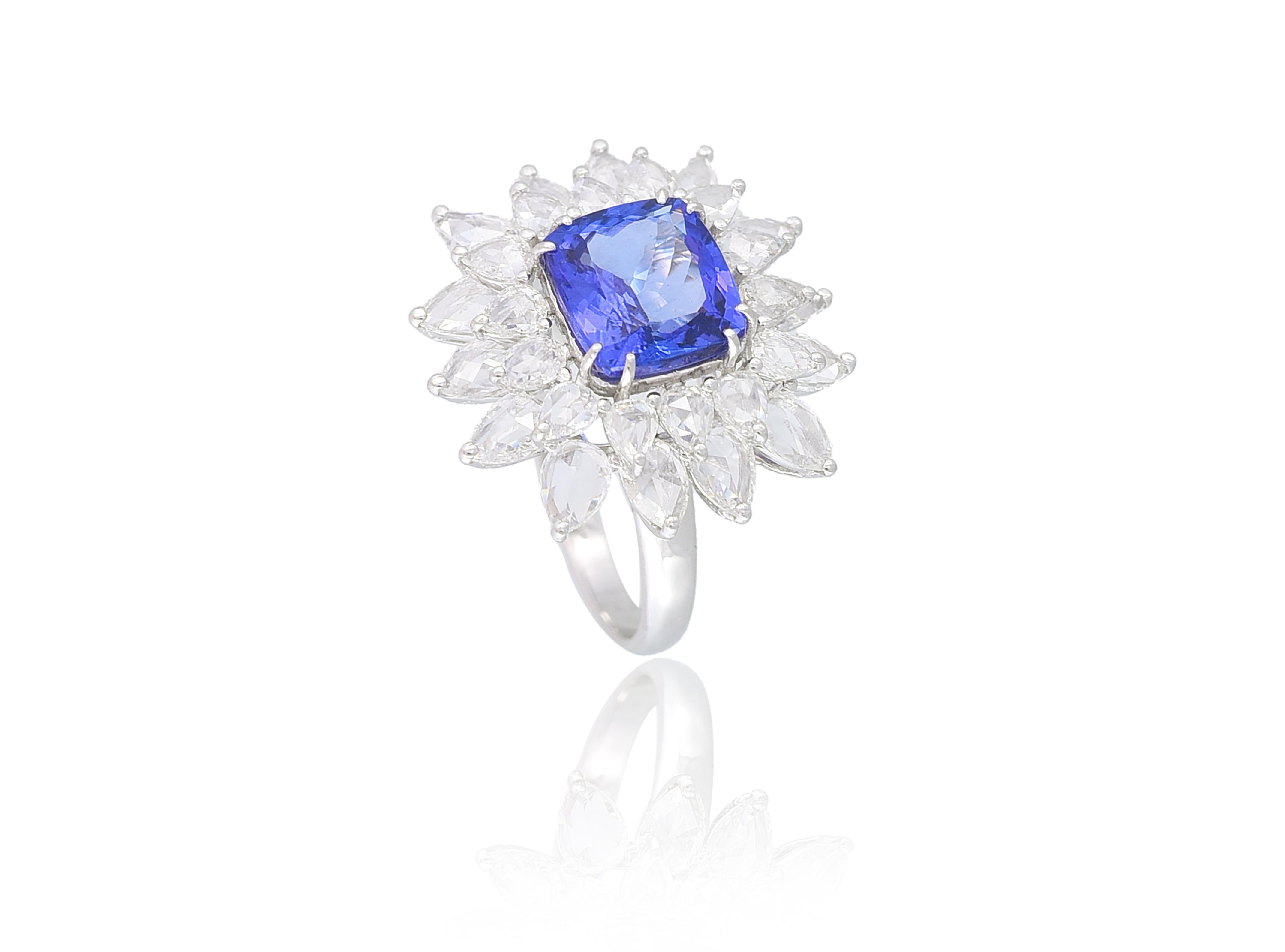 A gorgeous square Tanzanite & Rose Cut Diamonds set in 18K white gold. The weight of the Tanzanite is 3.55 carats. The Tanzanite is from Tanzanite and completely natural without any treatment. The weight of the Rose Cut Diamonds is 2.90 carats. The