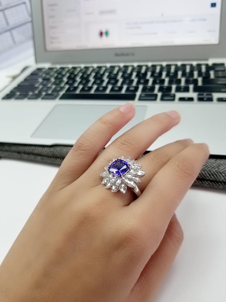 Set in 18 Karat White Gold, Square Tanzanite and Rose Cut Diamonds Cocktail Ring In New Condition In Hong Kong, HK