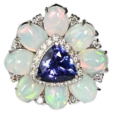 Anello di fidanzamento in oro bianco 18 carati, tanzanite, opali etiopi e diamanti