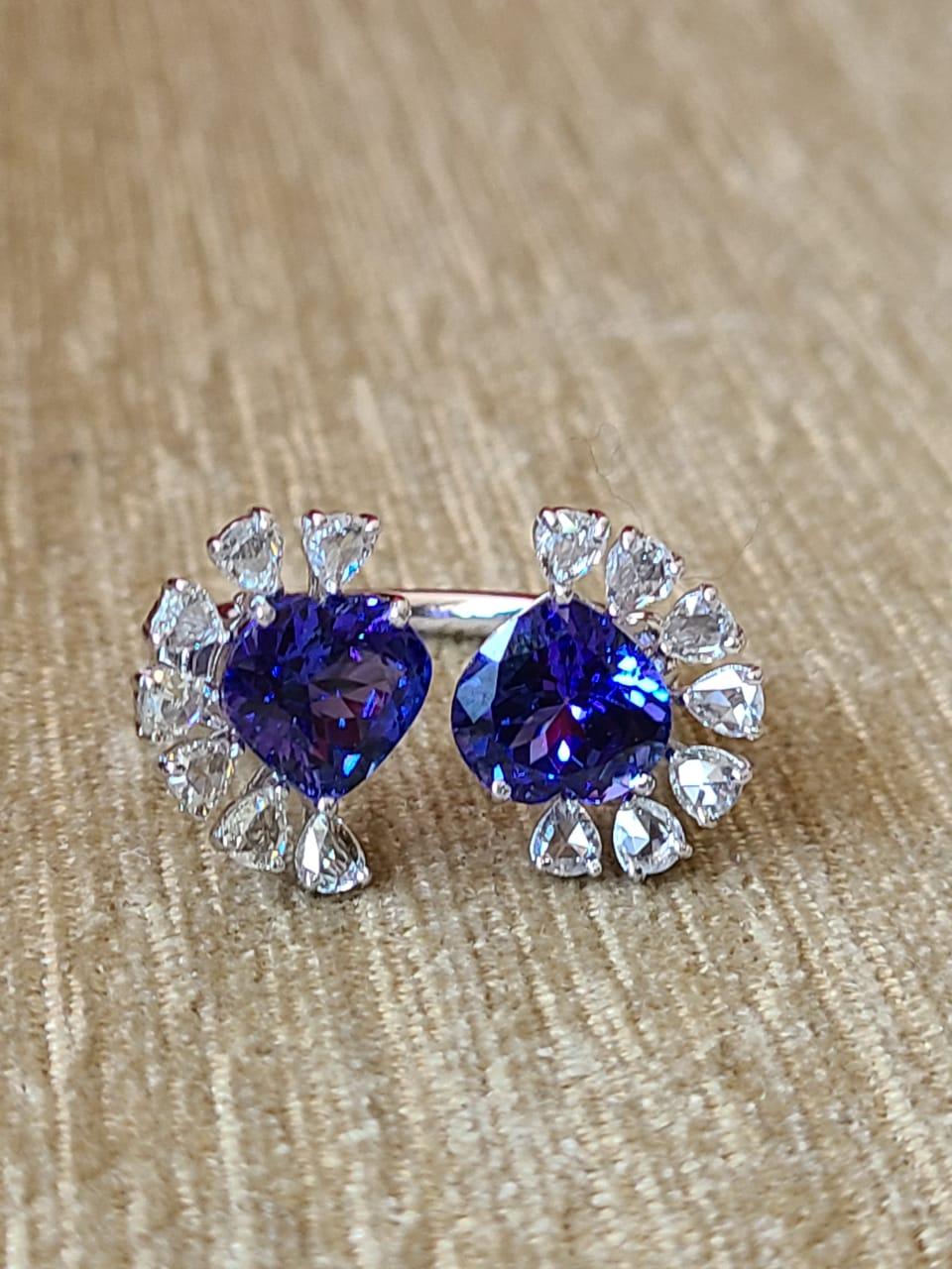 Women's or Men's Set in 18K White Gold, Tanzanite & Rose Cut Diamonds Cocktail/ Engagement Ring For Sale