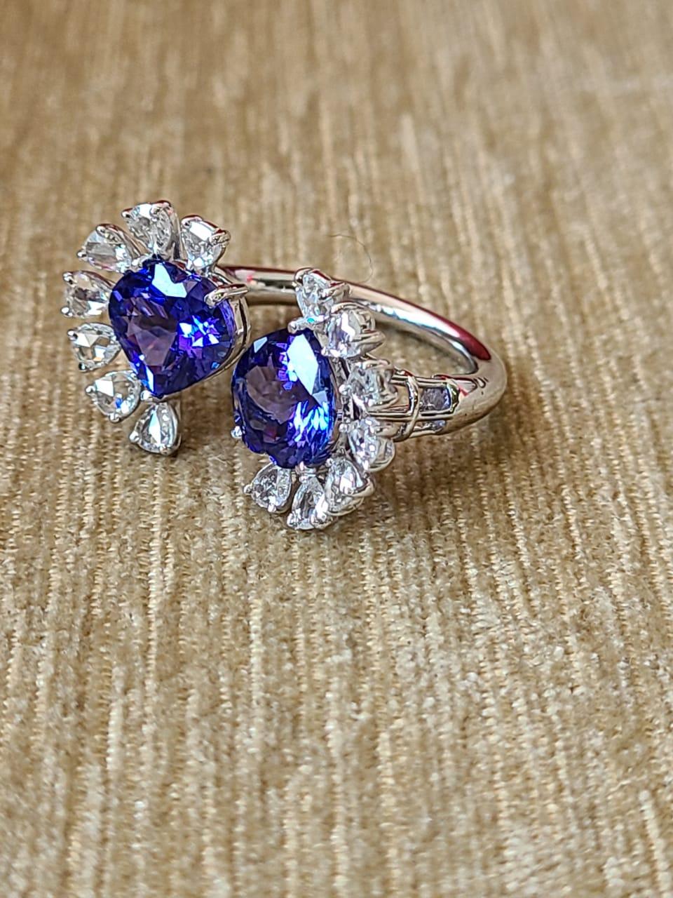 Set in 18K White Gold, Tanzanite & Rose Cut Diamonds Cocktail/ Engagement Ring For Sale 1