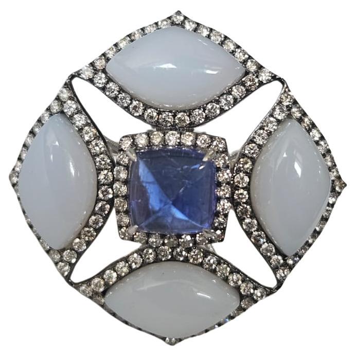 Set in 18K white Gold, Tanzanite Sugarloaf, Chalcedony & Diamonds Cocktail Ring