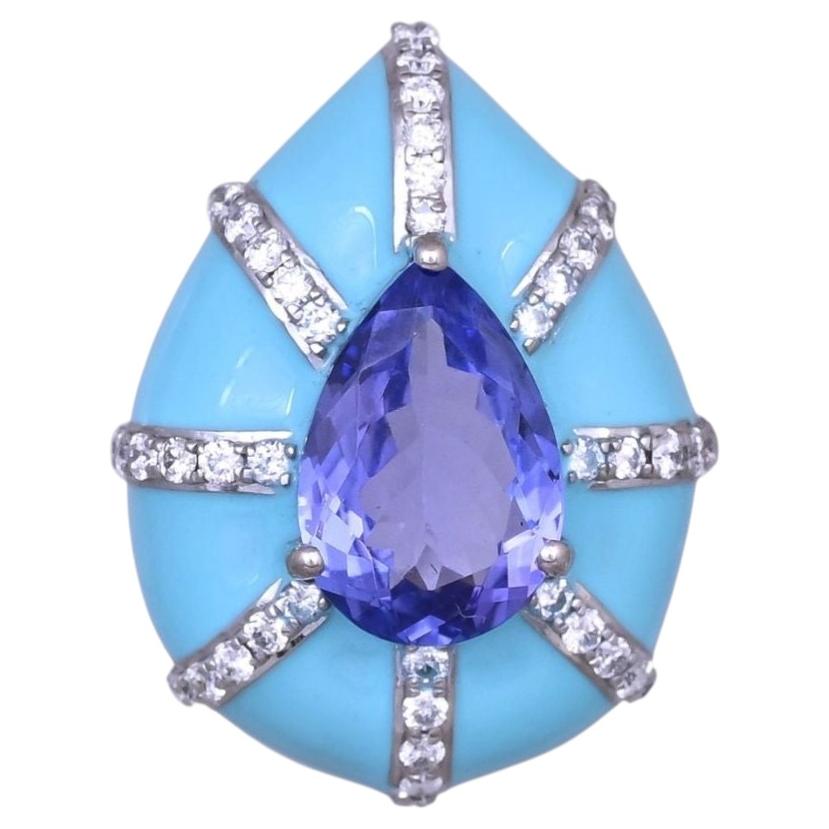 Bague de fiançailles en or blanc 18 carats, Tanzanite, émail turquoise et diamants