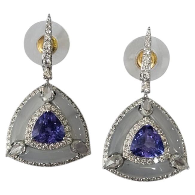 Set in 18K white Gold, Tanzanites, Chalcedony & Rose Cut Diamond Dangle Earrings