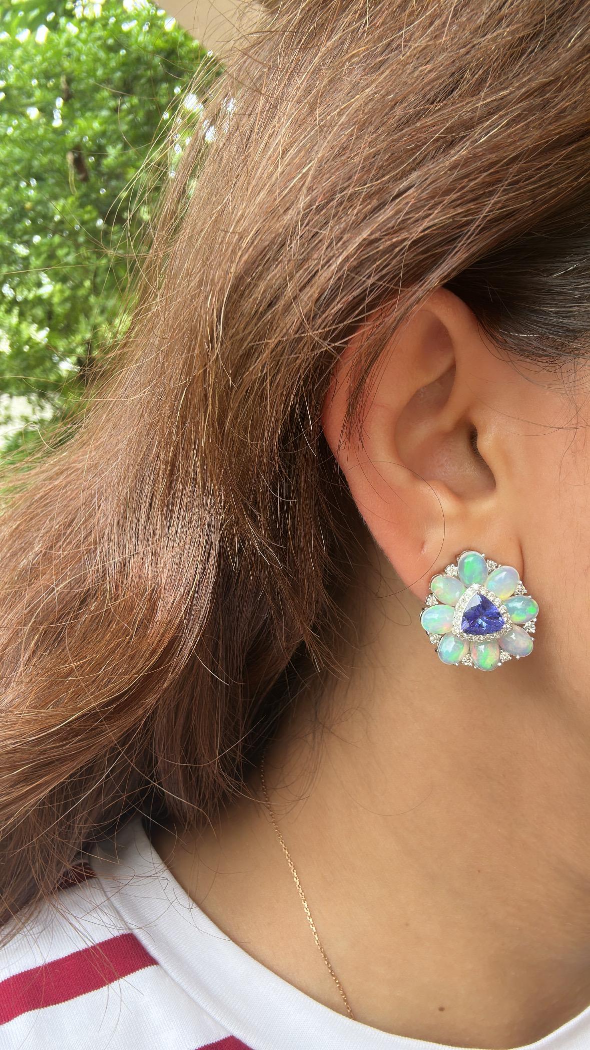 Set in 18K white Gold, Tanzanites, Ethiopian Opals & Diamonds Stud Earrings For Sale 4