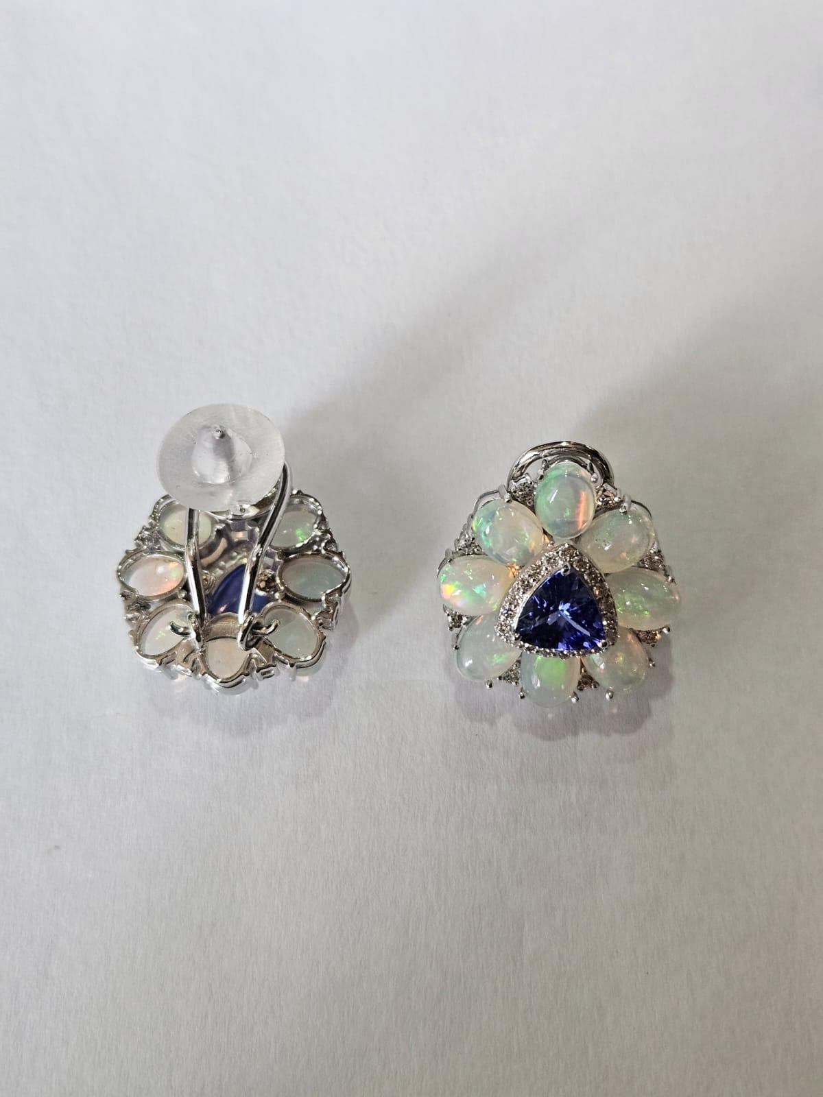 Modern Set in 18K white Gold, Tanzanites, Ethiopian Opals & Diamonds Stud Earrings For Sale