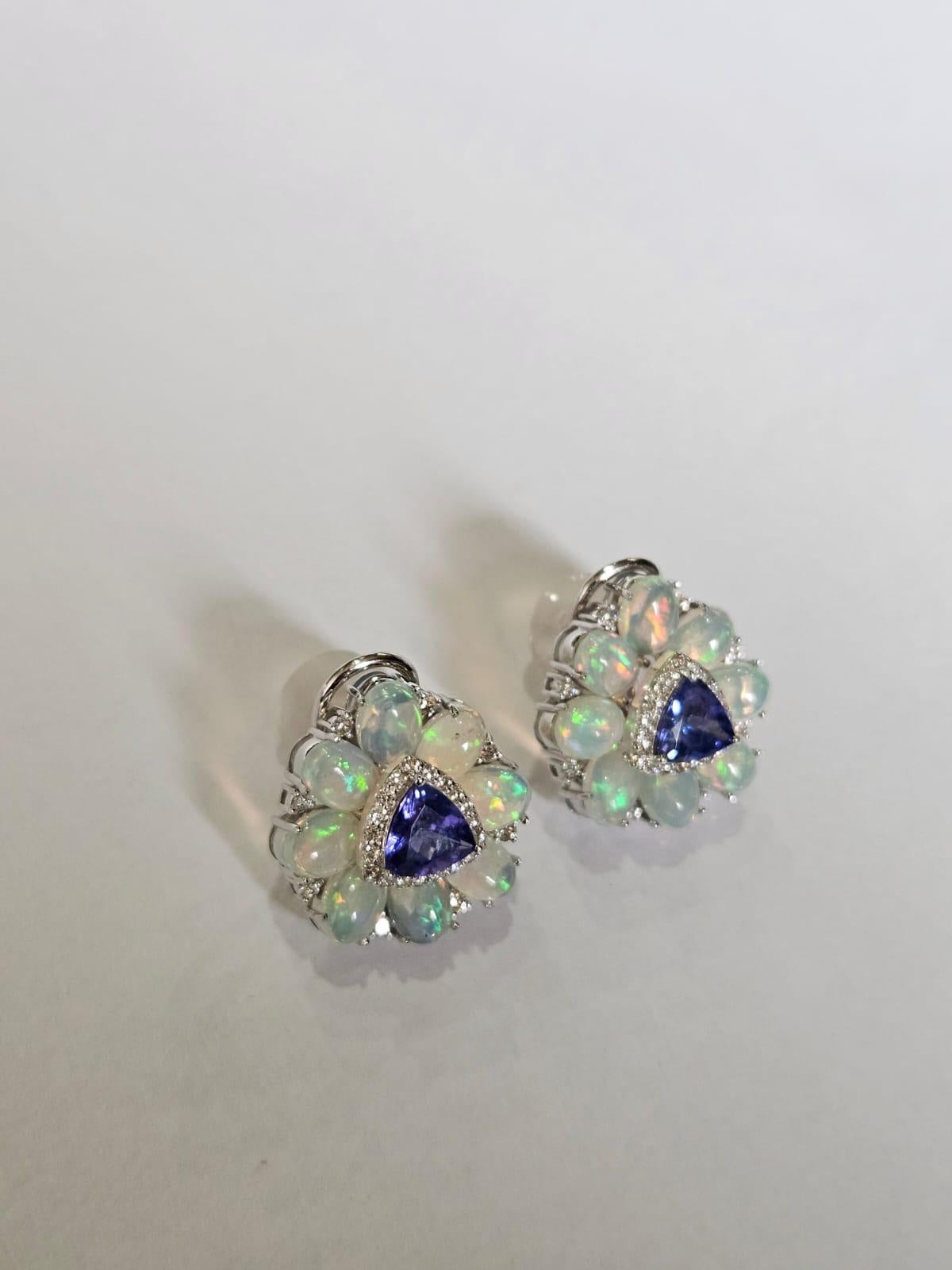 Trillion Cut Set in 18K white Gold, Tanzanites, Ethiopian Opals & Diamonds Stud Earrings For Sale