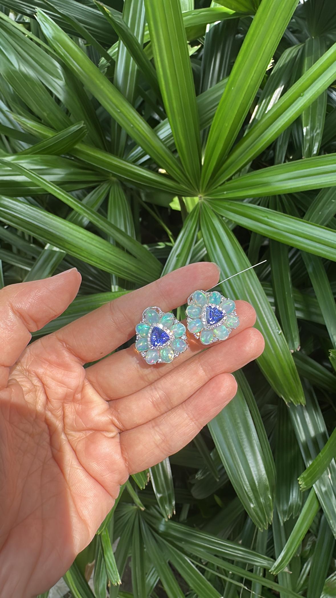 Set in 18K white Gold, Tanzanites, Ethiopian Opals & Diamonds Stud Earrings For Sale 1