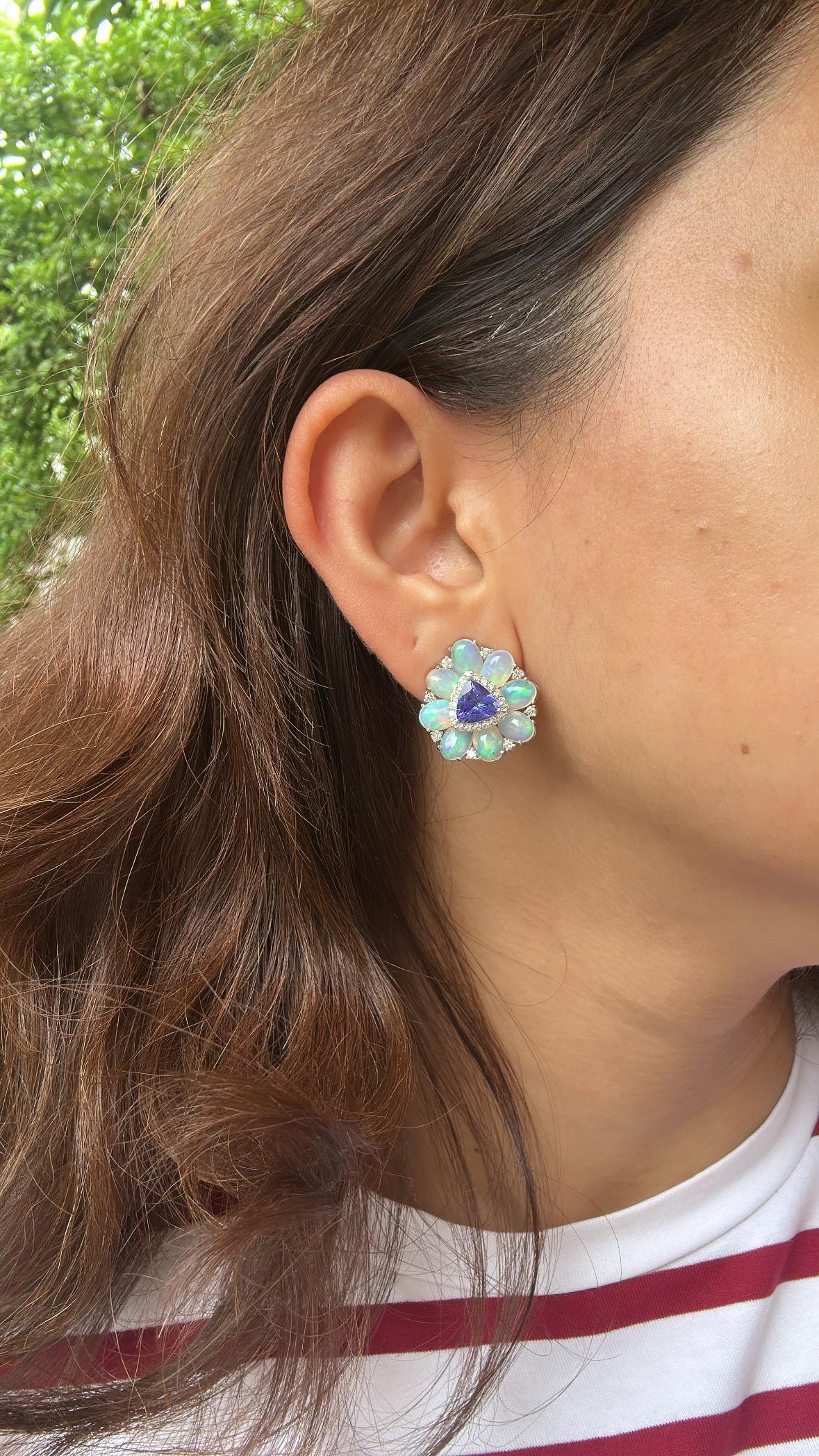 Set in 18K white Gold, Tanzanites, Ethiopian Opals & Diamonds Stud Earrings For Sale 2