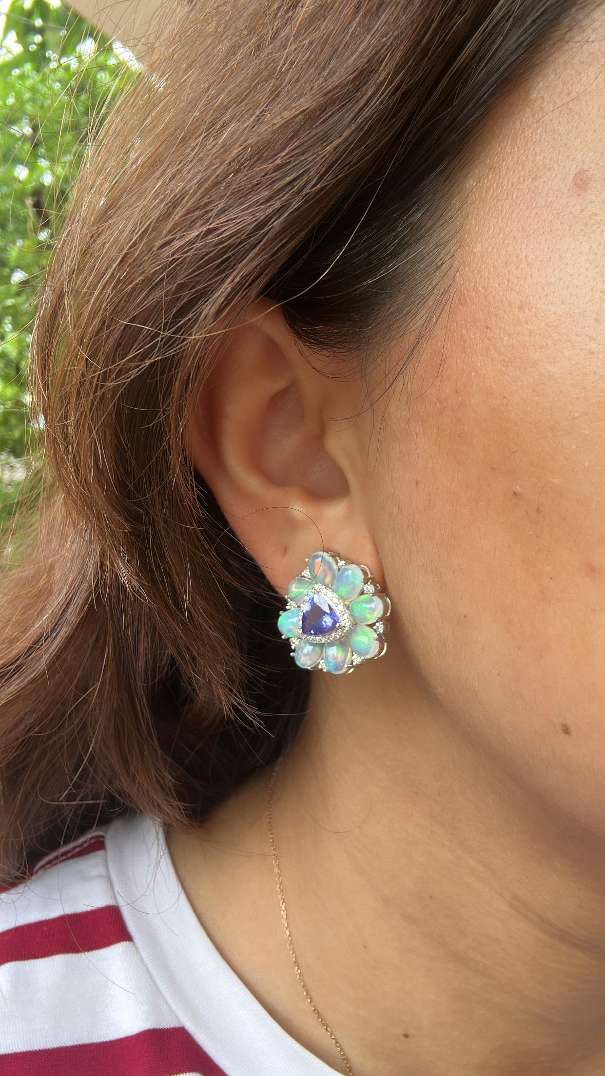 Set in 18K white Gold, Tanzanites, Ethiopian Opals & Diamonds Stud Earrings For Sale 3