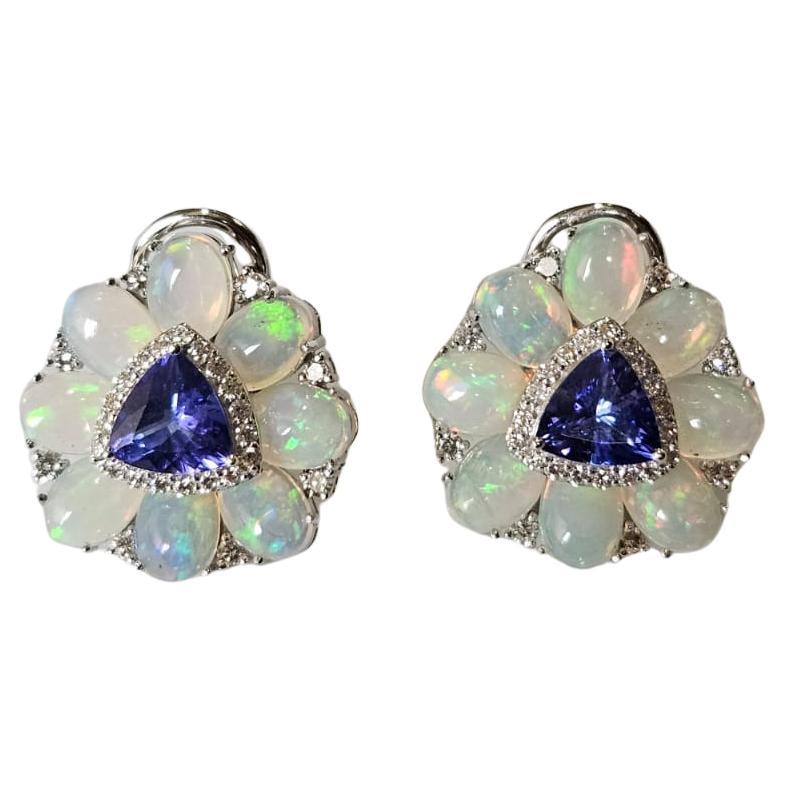 Set in 18K white Gold, Tanzanites, Ethiopian Opals & Diamonds Stud Earrings For Sale