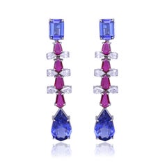 Set in 18K white Gold, Tanzanites, Mozambique Rubies & Diamonds Dangle Earrings