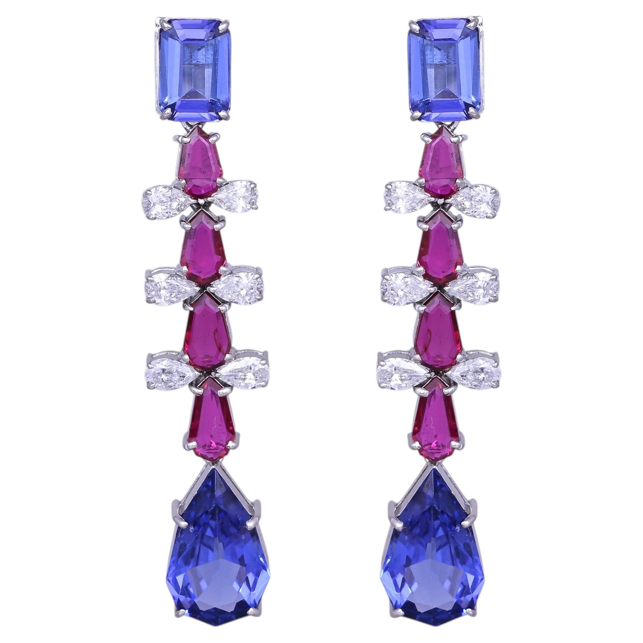 Set in 18K white Gold, Tanzanites, Mozambique Rubies & Diamonds Dangle Earrings
