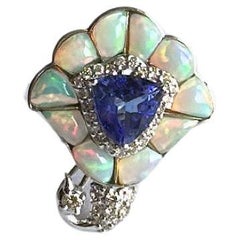 Set in 18K White Gold, vintage style Tanzanite, Opal & Diamonds Cocktail Ring