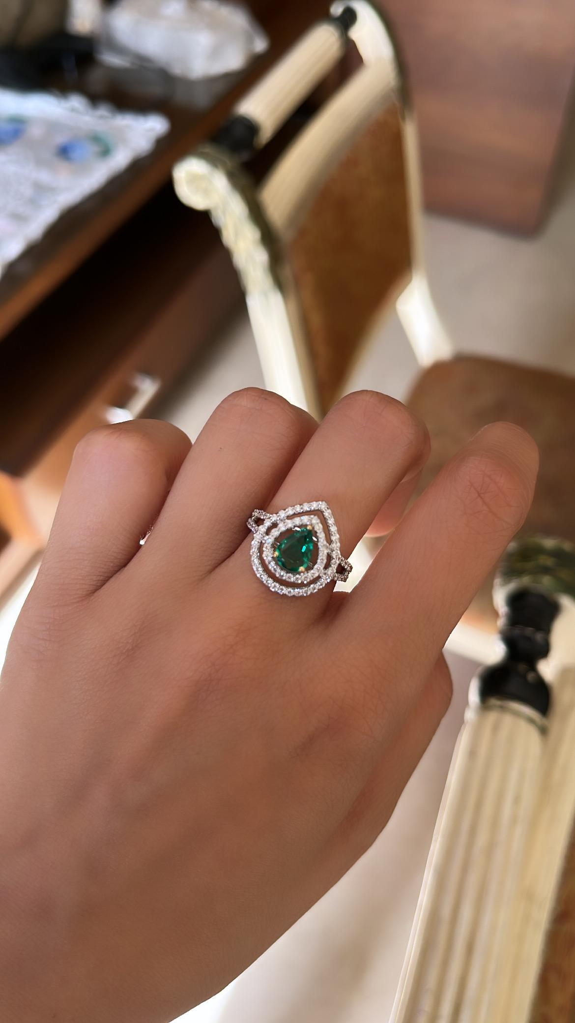 Modern Set in 18K White Gold, Zambian Emerald & Diamonds Cocktail/ Engagement Ring