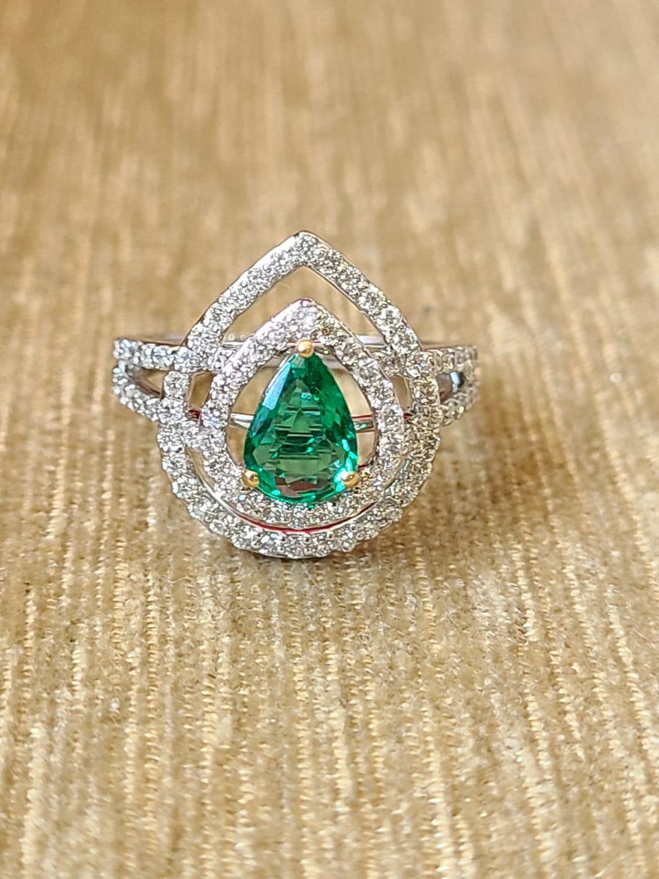 Pear Cut Set in 18K White Gold, Zambian Emerald & Diamonds Cocktail/ Engagement Ring