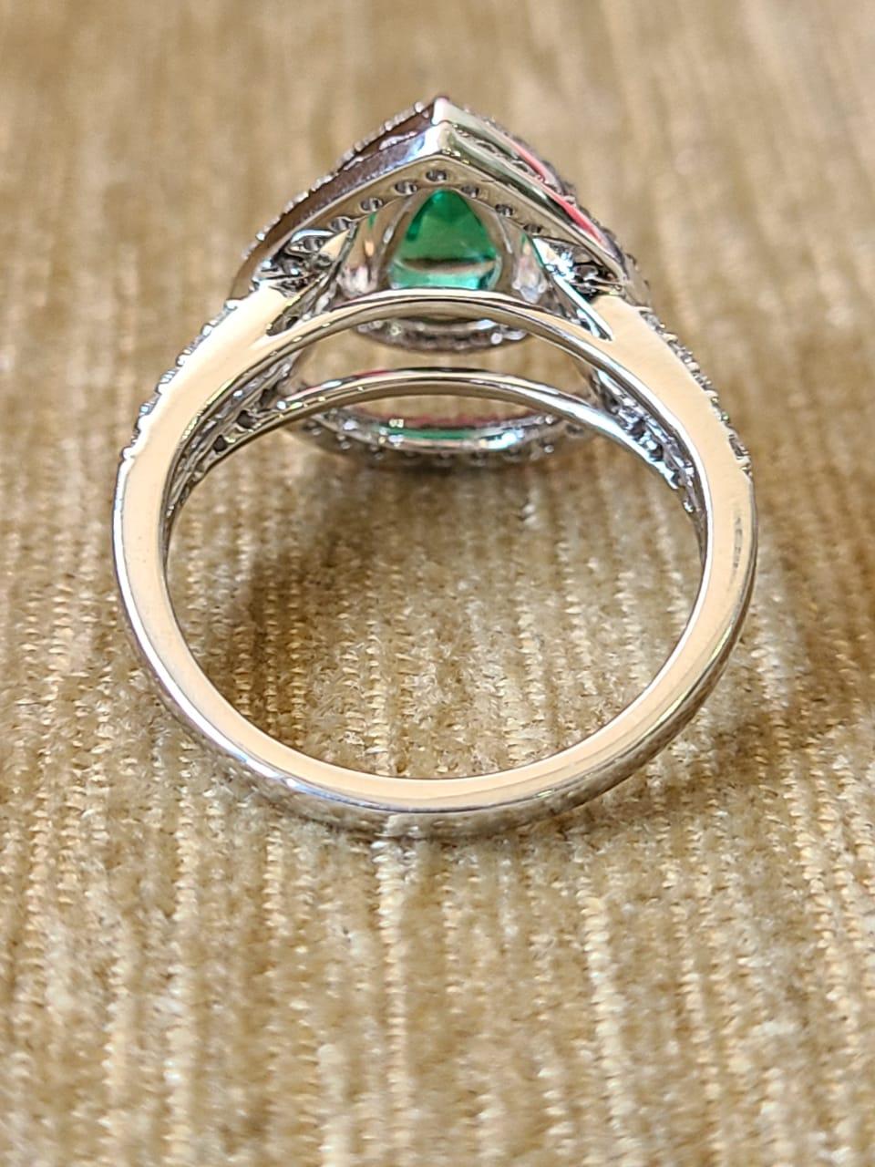 Women's or Men's Set in 18K White Gold, Zambian Emerald & Diamonds Cocktail/ Engagement Ring