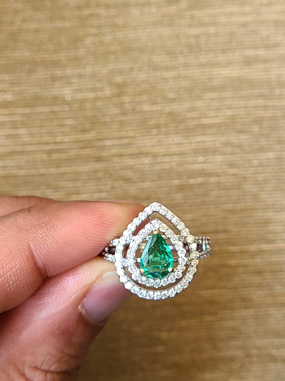 Set in 18K White Gold, Zambian Emerald & Diamonds Cocktail/ Engagement Ring 1