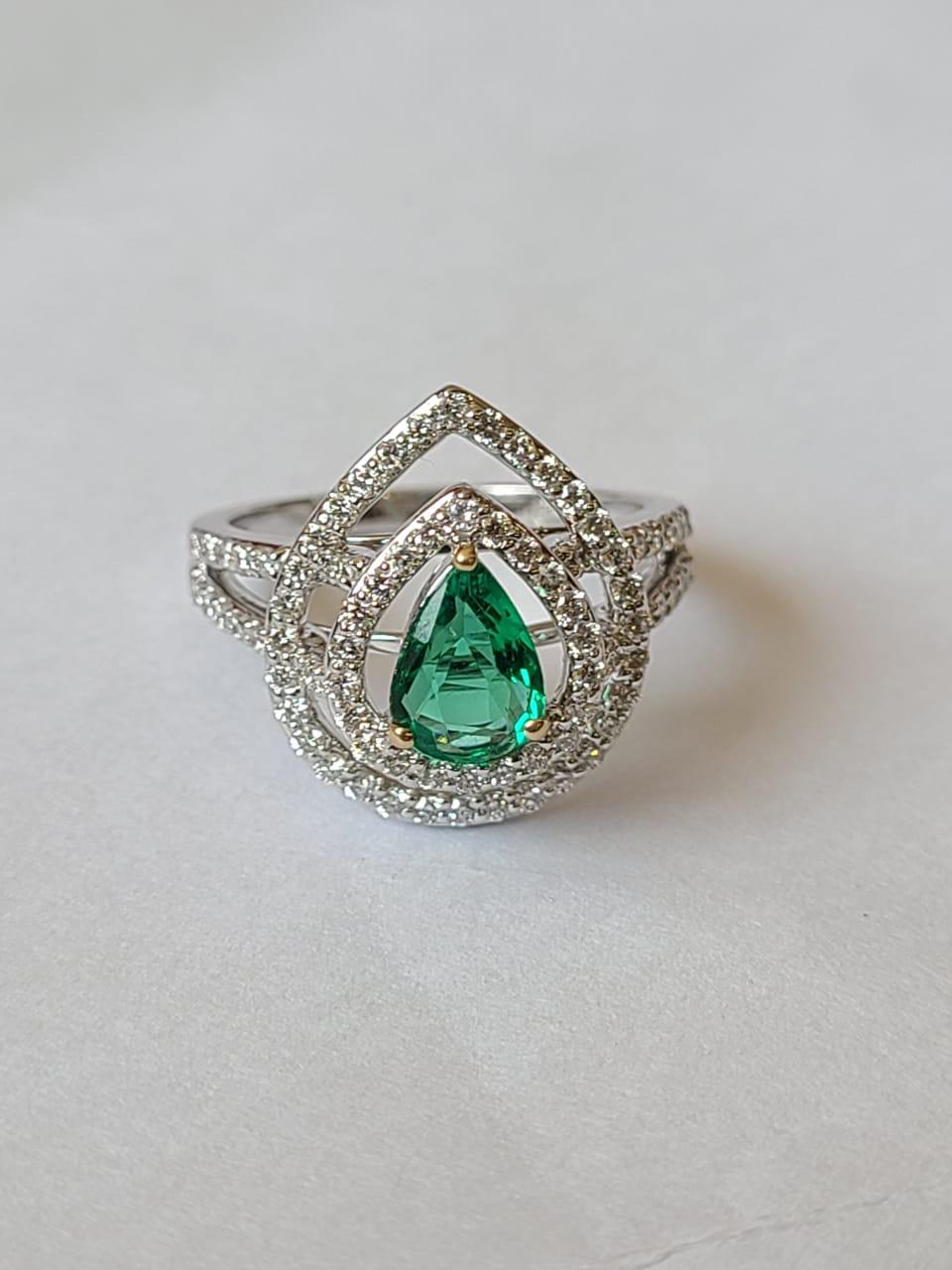 Set in 18K White Gold, Zambian Emerald & Diamonds Cocktail/ Engagement Ring 2