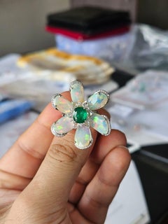 Set in 18K white Gold, Zambian Emerald, Ethiopian Opal & Diamonds Cocktail Ring