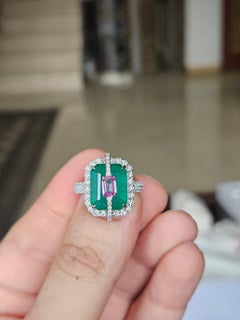 Set in 18K white Gold, Zambian Emerald, Pink Sapphire & Diamonds Engagement Ring