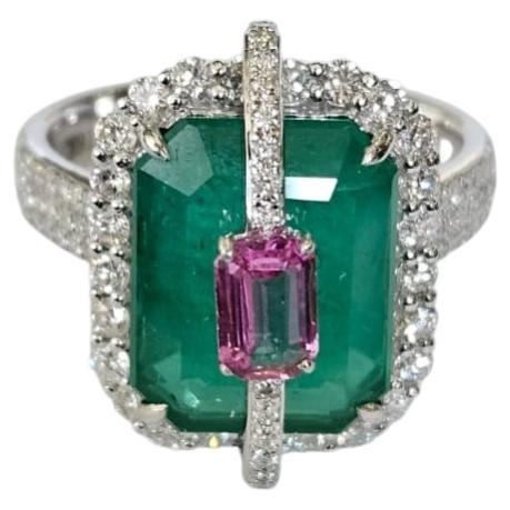 Set in 18K white Gold, Zambian Emerald, Pink Sapphire & Diamonds Engagement Ring For Sale