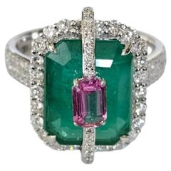 Set in 18K white Gold, Zambian Emerald, Pink Sapphire & Diamonds Engagement Ring