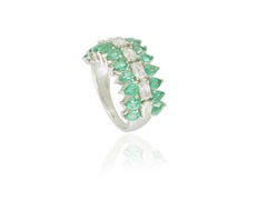 18 Karat Gold White Gold Zambian Emerald and Rose Cut Diamonds Half, Band Ring