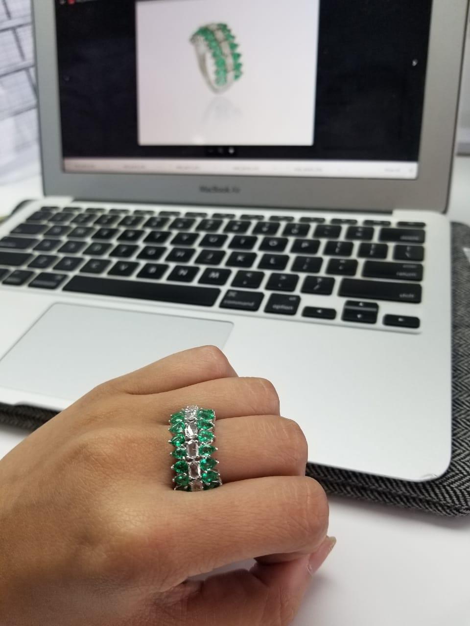 18 Karat Gold White Gold Zambian Emerald and Rose Cut Diamonds Half, Band Ring In New Condition For Sale In Hong Kong, HK
