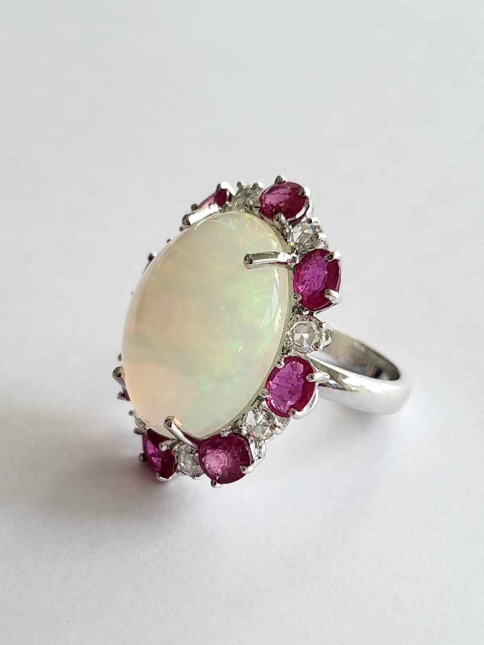 Modern Set in 18k White Gold, Ethiopian Opal, Ruby&Rose Cut Diamonds Cocktail Dome Ring