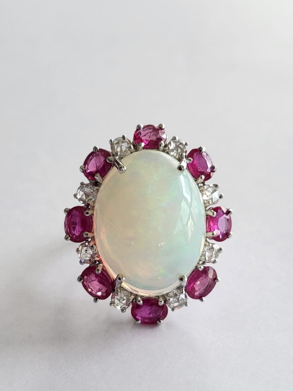 Oval Cut Set in 18k White Gold, Ethiopian Opal, Ruby&Rose Cut Diamonds Cocktail Dome Ring