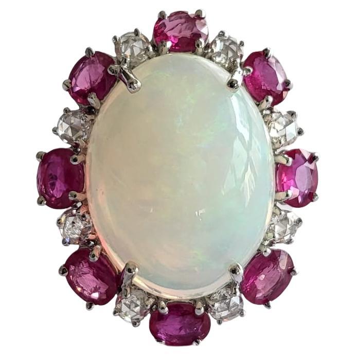 Set in 18k White Gold, Ethiopian Opal, Ruby&Rose Cut Diamonds Cocktail Dome Ring