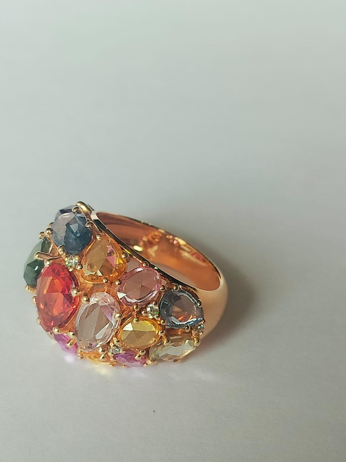 Modern Set in 18K Rose Gold, 10.16 carats, Multi Sapphires & Diamond Cocktail Ring For Sale