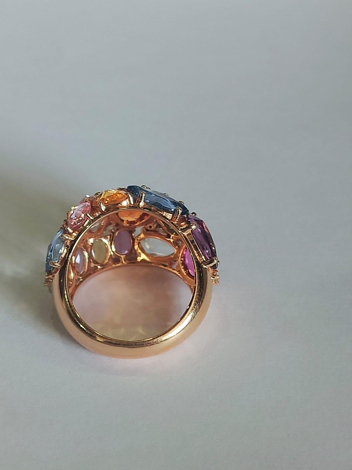 Rose Cut Set in 18K Rose Gold, 10.16 carats, Multi Sapphires & Diamond Cocktail Ring For Sale