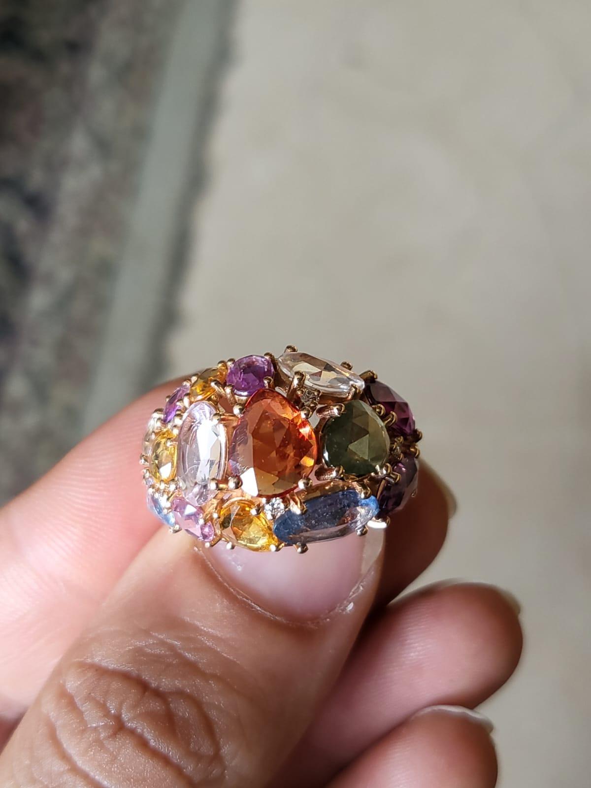 Women's or Men's Set in 18K Rose Gold, 10.16 carats, Multi Sapphires & Diamond Cocktail Ring For Sale