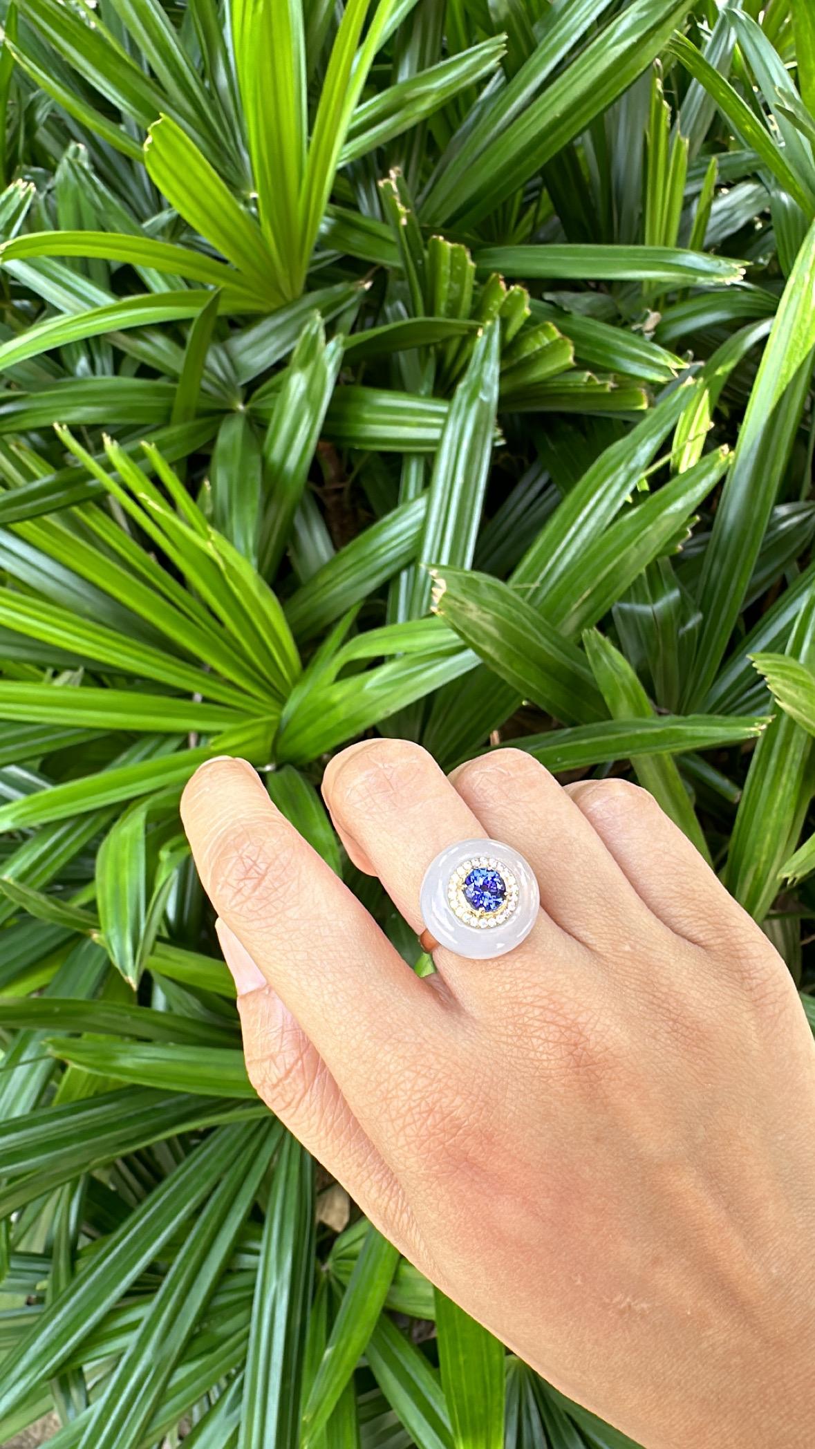 Set in 18K Yellow Gold, 1.06 carat Tanzanite, Chalcedony & Diamond Cocktail Ring For Sale 6
