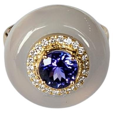 Set in 18K Yellow Gold, 1.06 carat Tanzanite, Chalcedony & Diamond Cocktail Ring For Sale