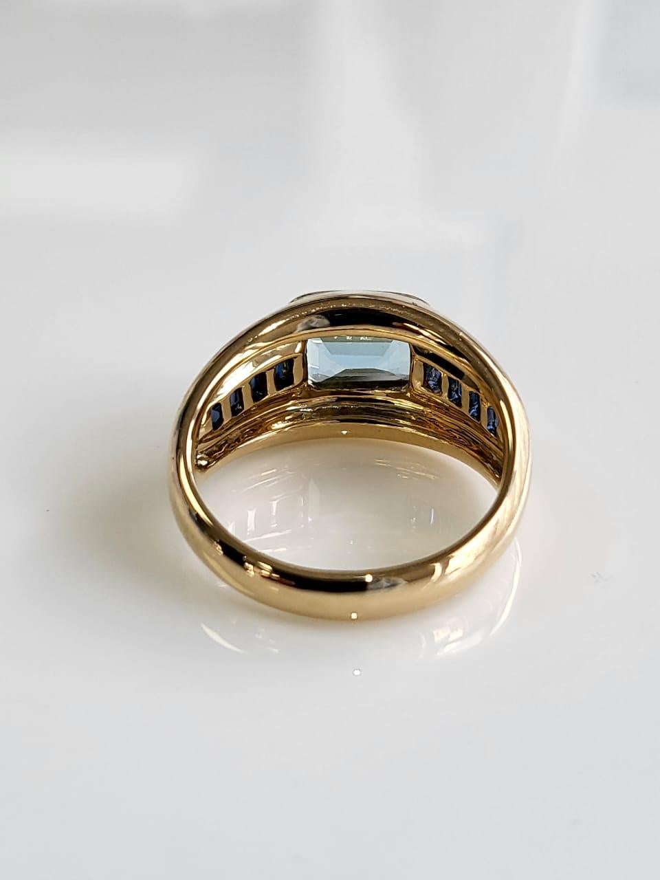 Classical Roman Set in 18K Yellow Gold, 1.26 carats Aquamarine & Blue Sapphire Engagement Ring For Sale