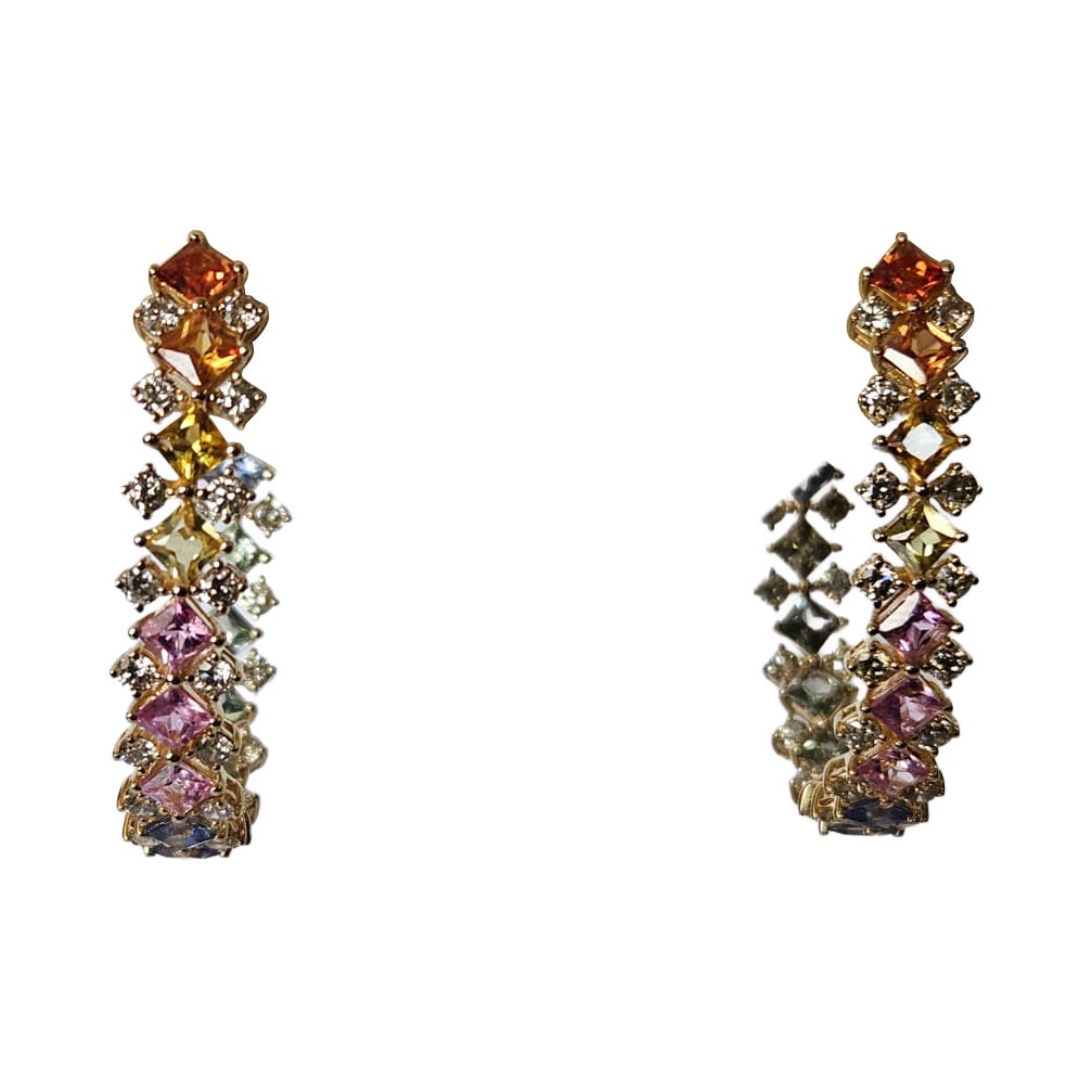 Boucles d'oreilles en or jaune 18 carats, 12,82 carats, saphirs multiples et diamants