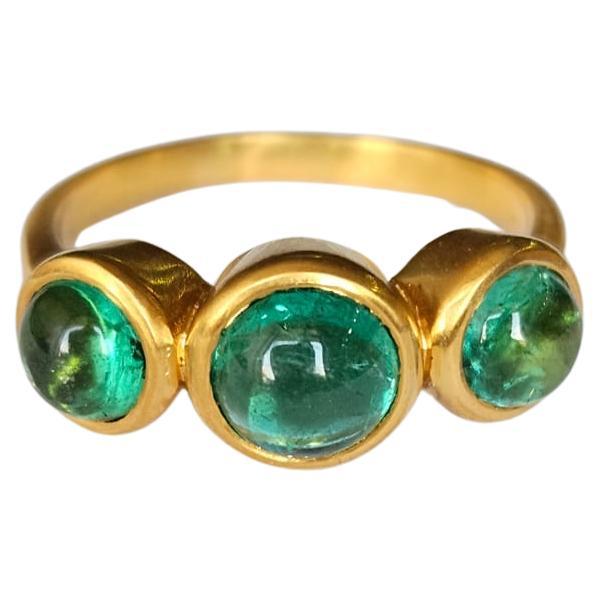 Set in 18K Yellow Gold, 2.91 carats, natural Zambian Emerald Cabochon Band Ring