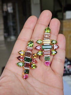 Set in 18K yellow Gold, 37.87 carats, Tourmaline & Diamonds Chandelier Earrings