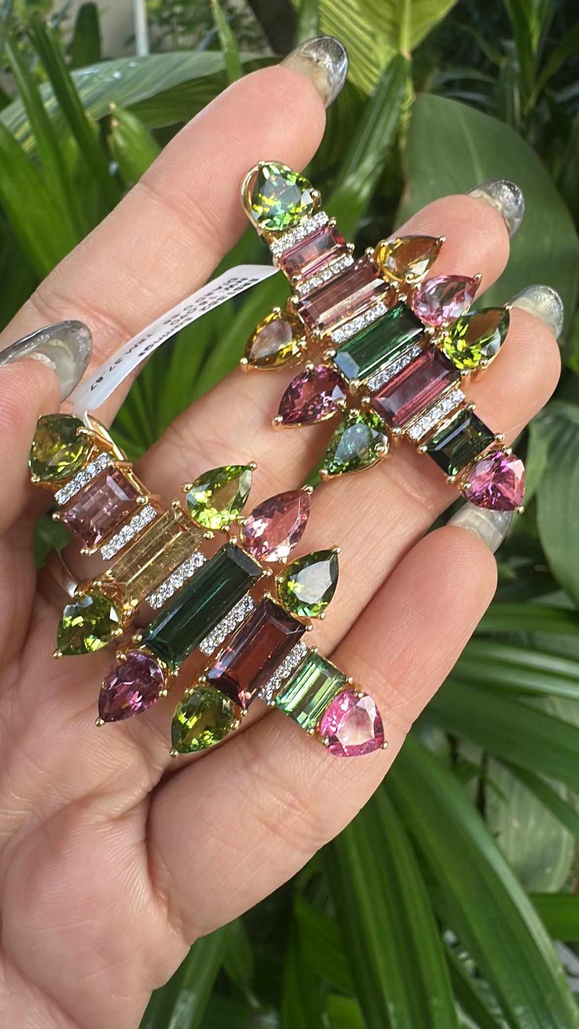 Femenino o masculino Engastados en Oro amarillo de 18 quilates, 37,87 quilates, Pendientes araña de Turmalina y Diamantes en venta
