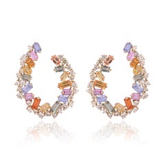 Set in 18K Yellow Gold, 4.14 carats Multi Sapphires & Diamonds Hoop Earrings