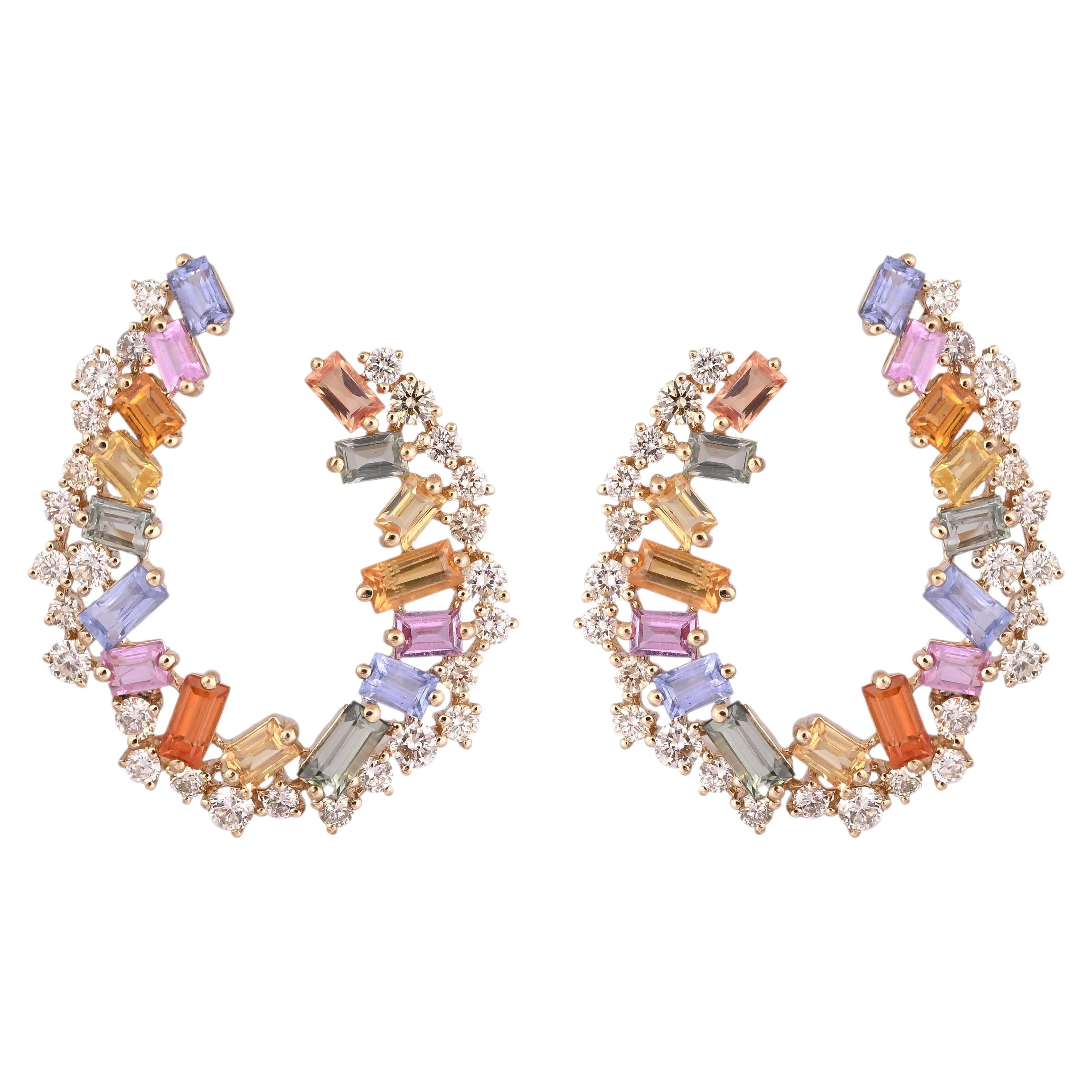 Set in 18K Yellow Gold, 4.14 carats Multi Sapphires & Diamonds Hoop Earrings