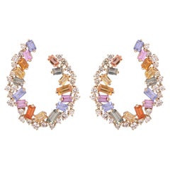Set in 18K Yellow Gold, 4.14 carats Multi Sapphires & Diamonds Hoop Earrings