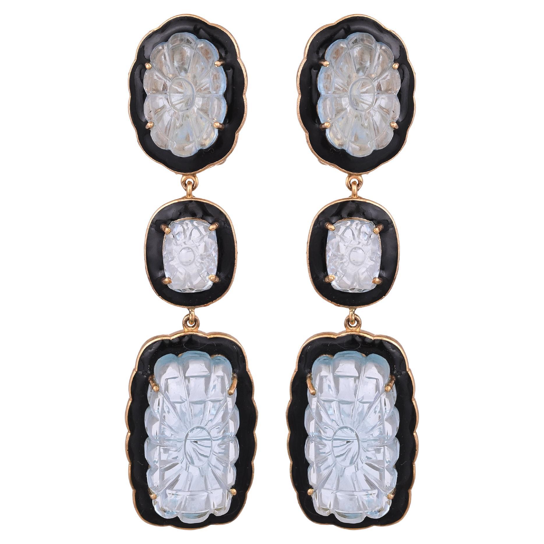 Set in 18K yellow Gold, 46.44 carats, carved Aquamarine & Enamel Dangle Earrings